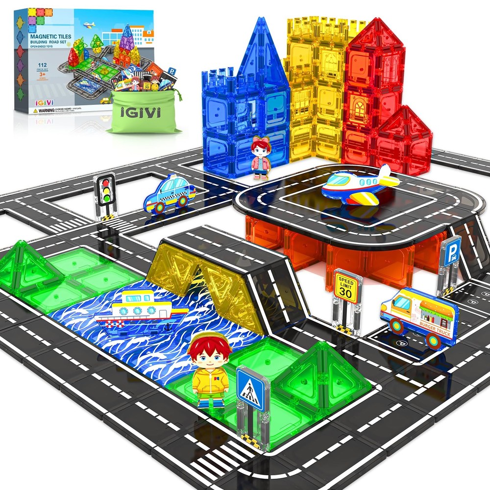 112PCS Magnetic Tiles Road Set with Vibrant Color & Ultra Magnet Strength, Ci...