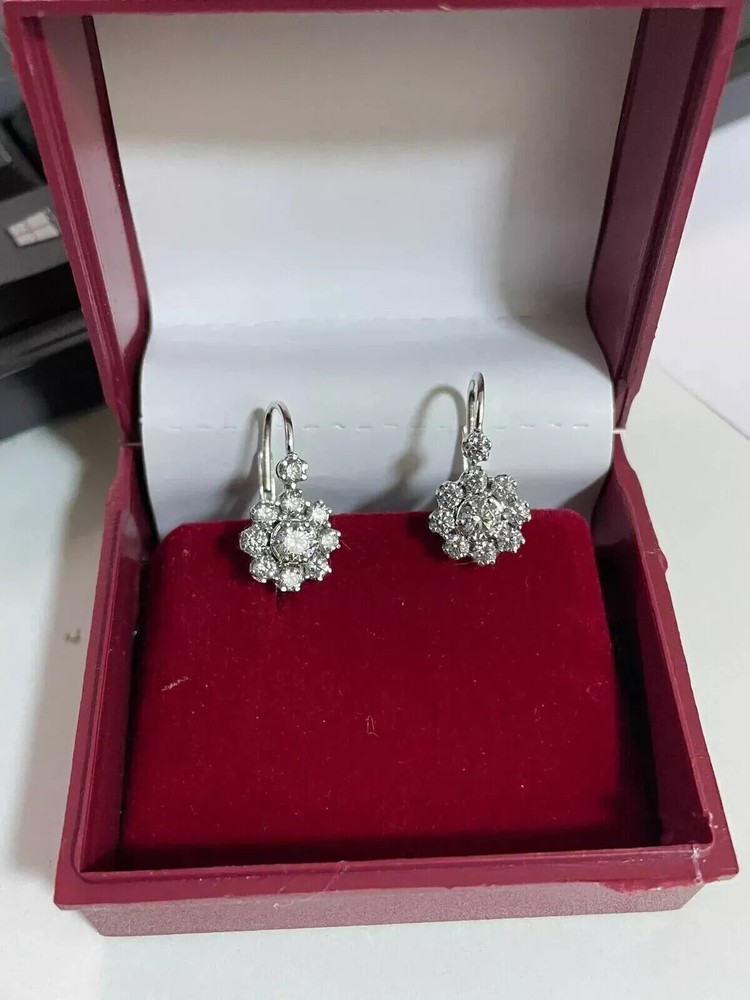 2 Carat Round Moissanite Flower Dangle Earrings in 14k White Gold