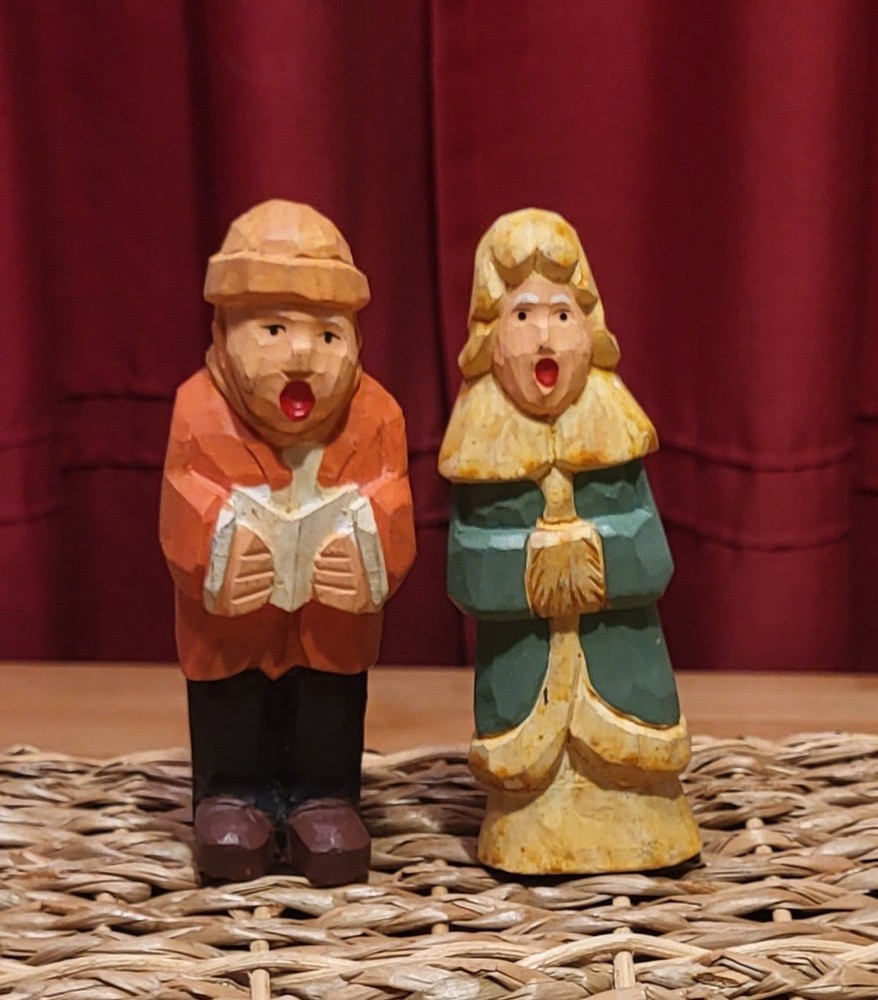 Vintage Hand Carved Wooden Scandinavian Christmas Caroling Couple Folk Art
