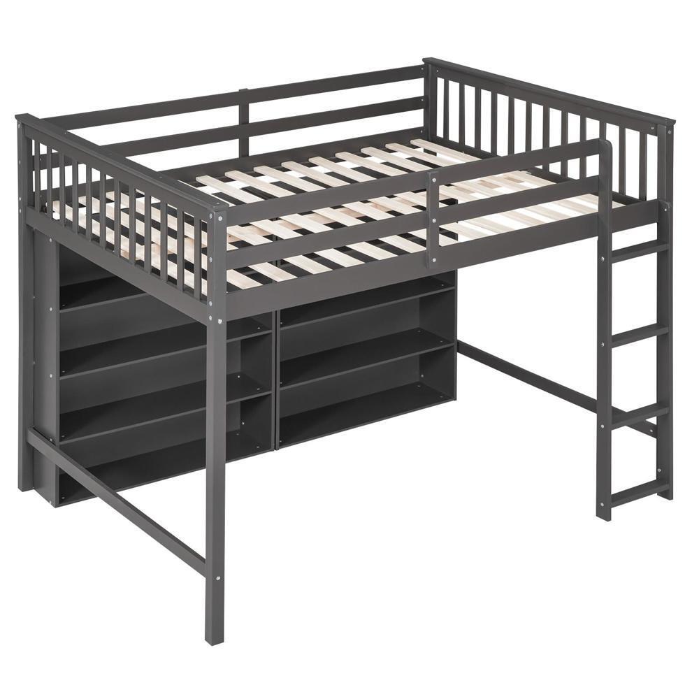 Full Size Loft Bed with 8 Storage Shelves and Built-in Ladder-image