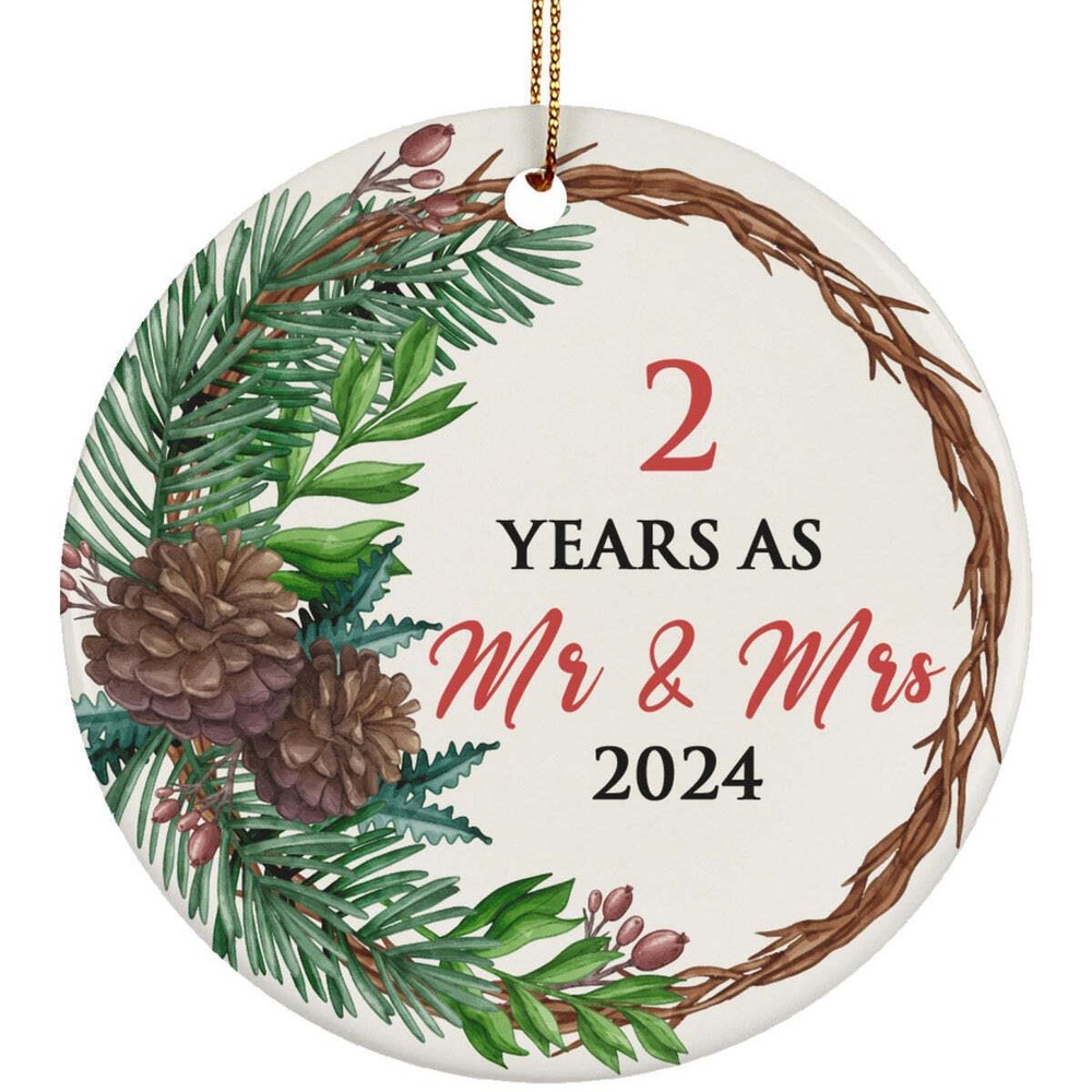 2 Years As Mr   Mrs 2024 Ornament 2nd Anniversary Flower Wreath Christmas Gift