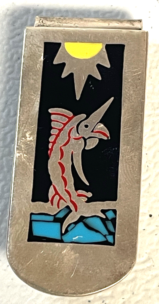 Mexican tooled sterling silver money clip with turquoise gemstone fish sun water design