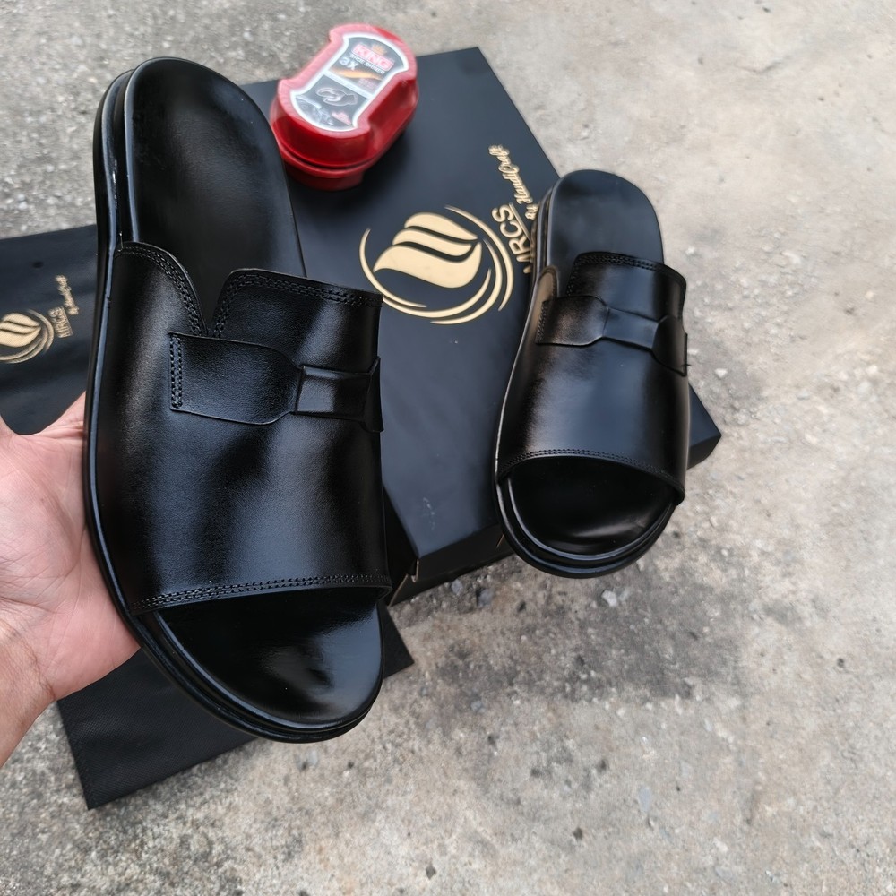 Men’s  Black Leather Slide Sandals – Handmade Slip-On Casual Slippers For Men.
