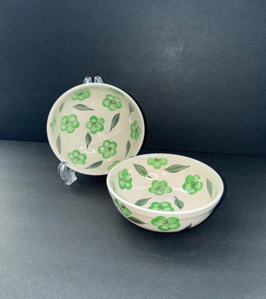 Set of 2 Crate & Barrel Fleur Green Floral Stoneware Small Salad/Cereal Bowls