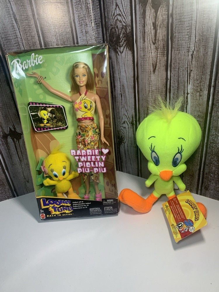 Looney Tunes Barbie Figure with Glow-in-the-Dark Tweety Plush Bundle New