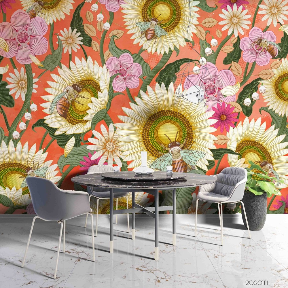 3D Sunflower Bee Illustration Wall Murals Wallpaper Murals Wall Sticker 4