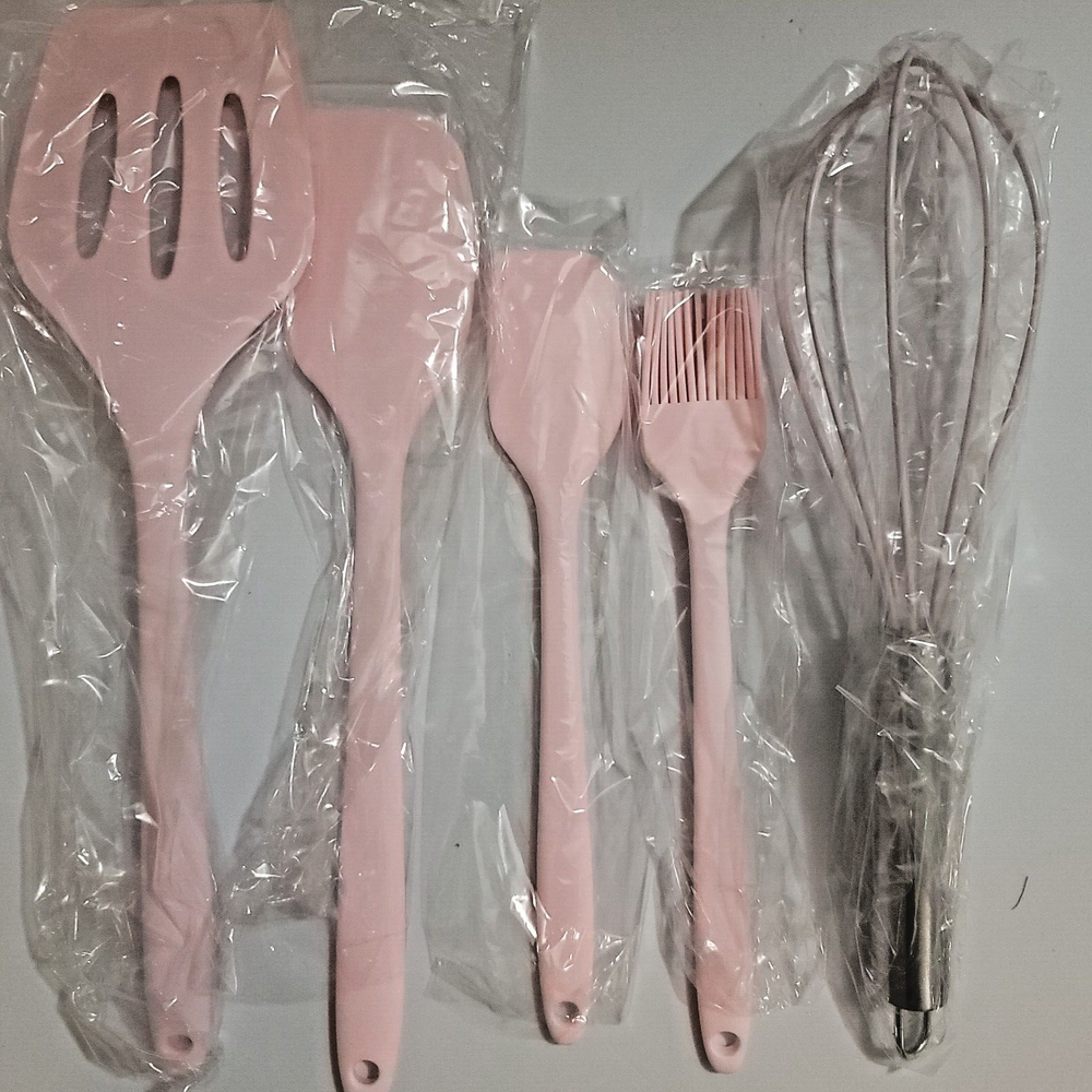 5 Piece Spatula, Spoonula, Whisk, Baste Silicone Utensil Set: Jar, Cook - Pink