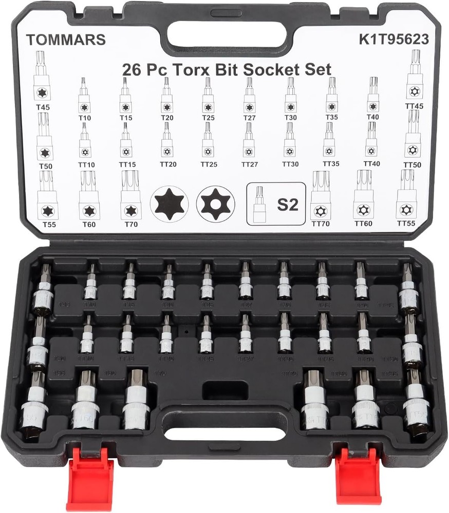 TOMMARS 26-Piece Torx Socket Set with T10-T70 and TT10-TT70 Bits