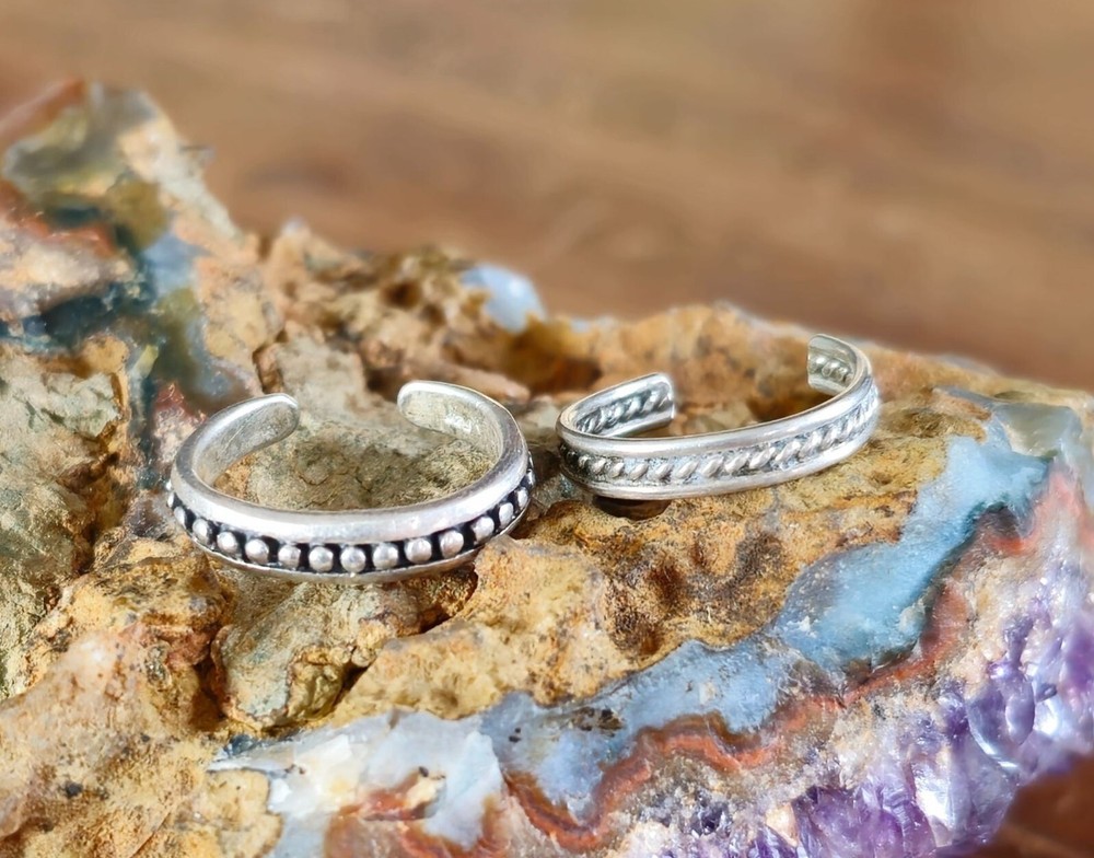 Sterling Silver 925 Adjustable Toe Rings Studded & Rope Details Lot of 2
