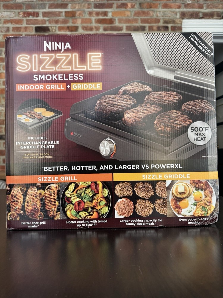 Ninja Sizzle Smokeless Indoor Grill + Griddle + Nonstick Grill Plate GR101 - NEW