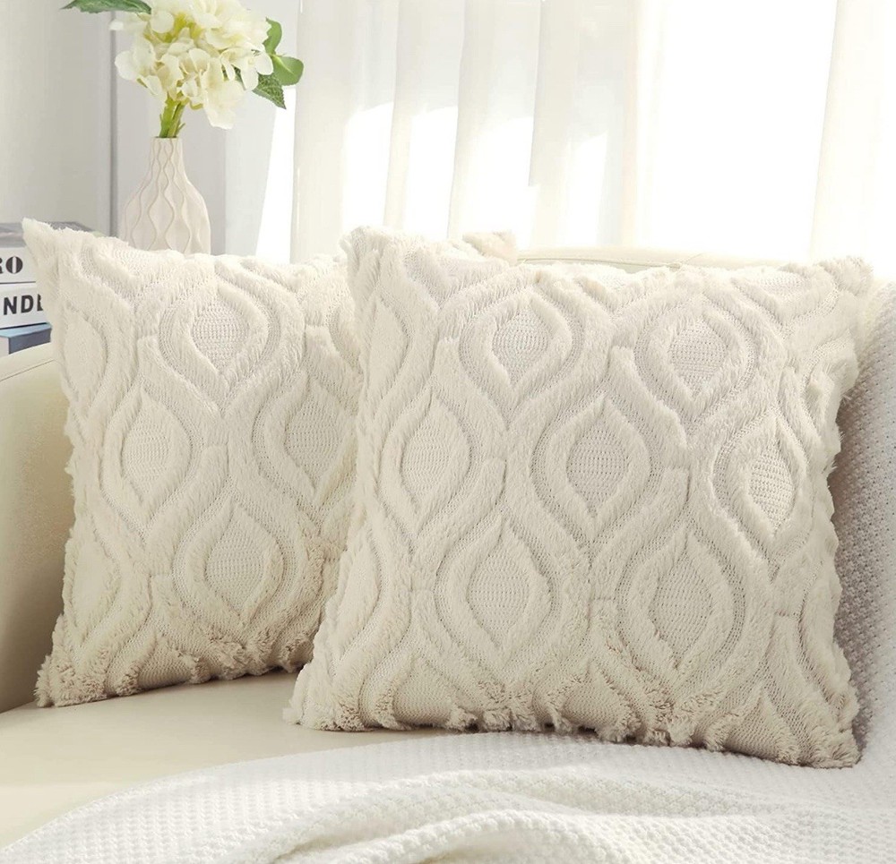 18x18 Inch Soft Plush Faux Wool Beige Throw Pillow Covers Set of 2