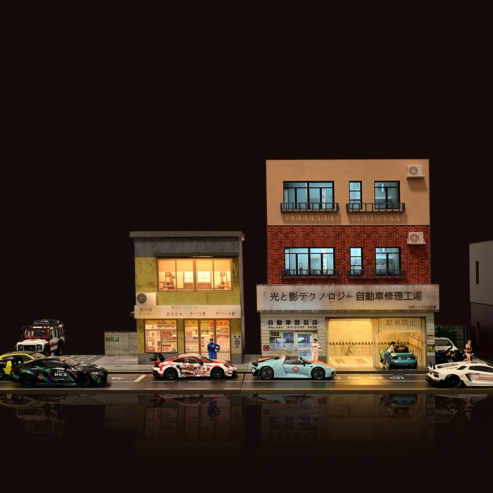 Diorama 1/64 Car Garage Model LED Lighting City Street Shop Scene Building Model