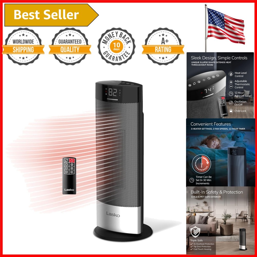 Stylish Ceramic Tower Heater - 3 Heat Settings, Oscillation, & Timer, Indoor Use