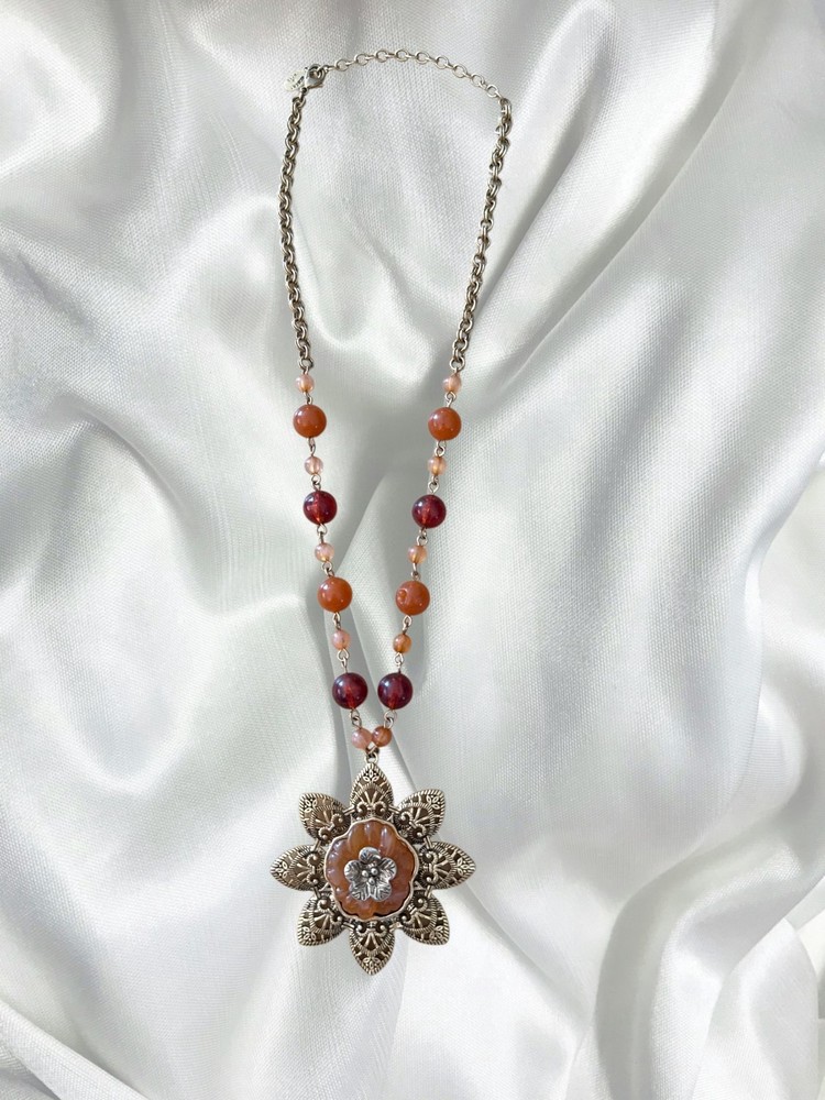 Vintage Robert Rose Flower Pendant Beaded Statement Necklace Red Orange Beads