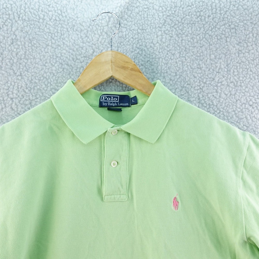Vintage Y2K Polo Ralph Lauren Mens L Polo Shirt Pink Pony Logo Green Rugby