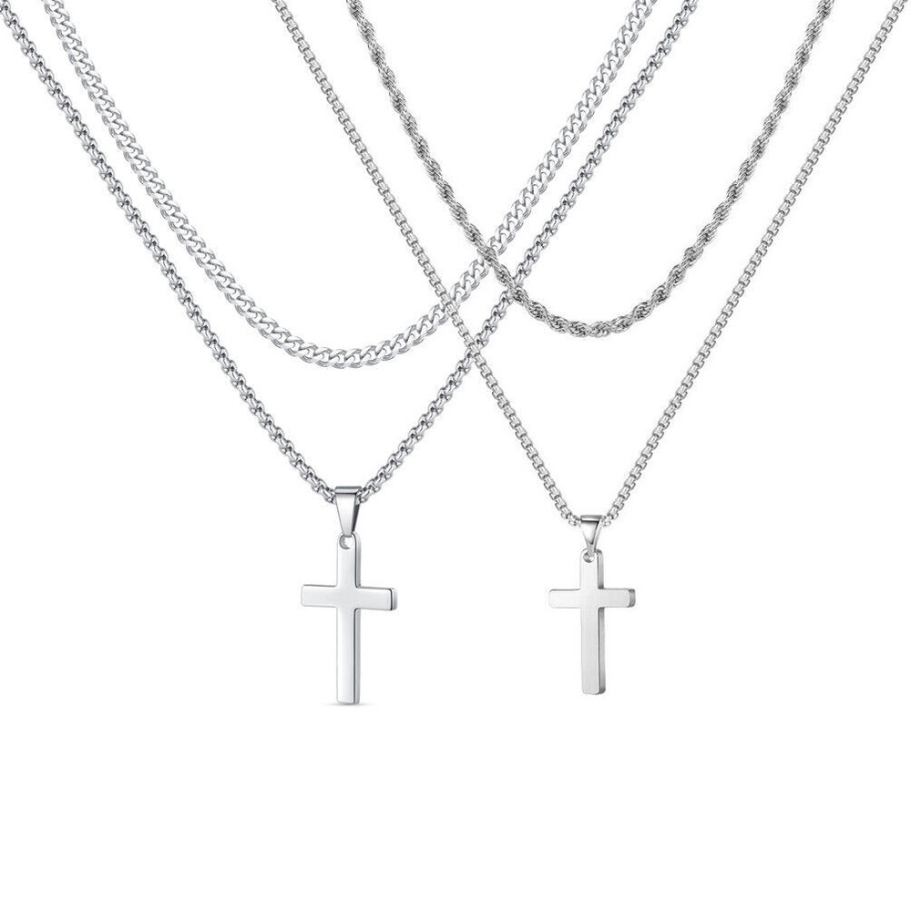 Men Layered Cross Necklaces Stainless Steel Boys Women Pendant Cuban Box Chain