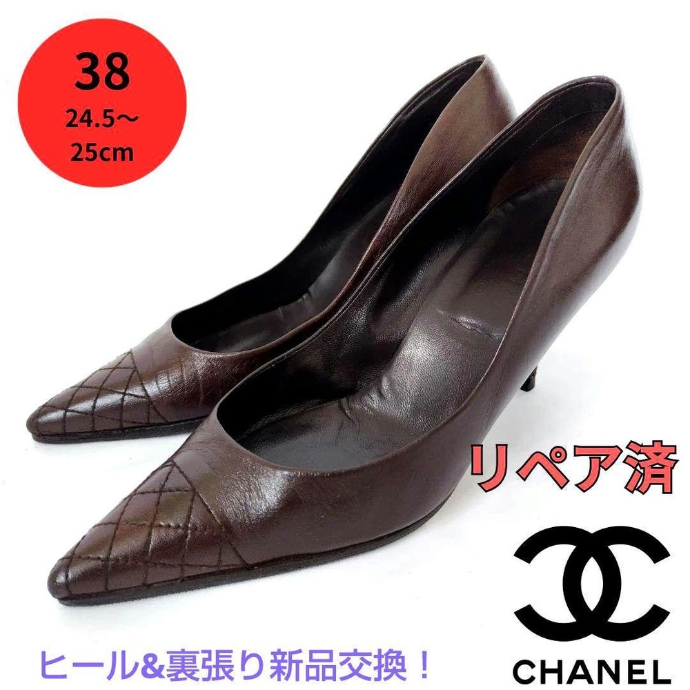 CHANEL Dark Brown Women Pumps EU 38 Used Heeled Shoes Af1226