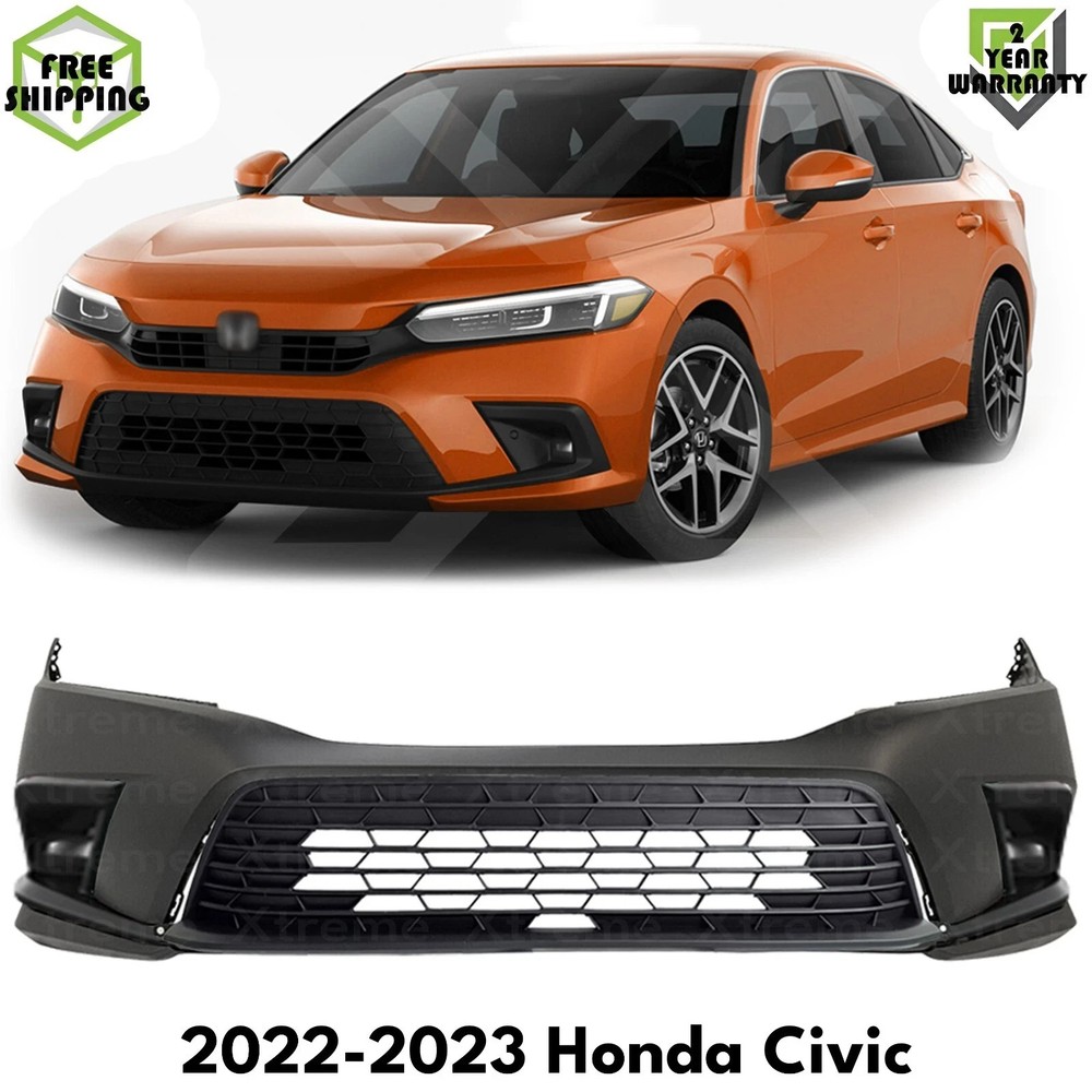 Front Bumper Cover Primed & Fog Lights Trim Kit For 2022-2023 Honda Civic