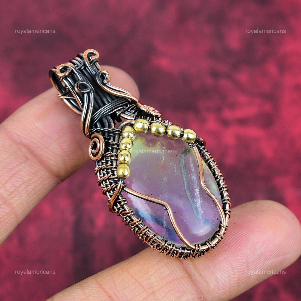 Mothers day Sale Copper Rainbow Mystic Opal Gemstone Boho Wire Wrapped Pendant-image