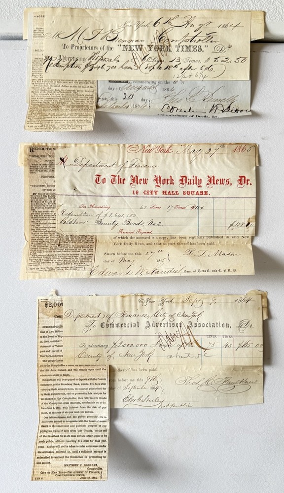 1864-1865 Civil War Era NY Times Advertising Receipts Lot of 3