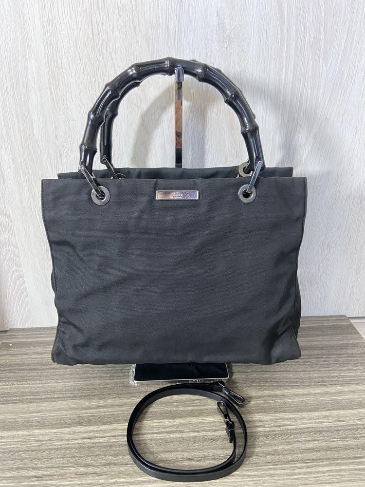 Gucci Black Bamboo Leather Nylon 2-Way Tote Handbag for Women Pre-Owned