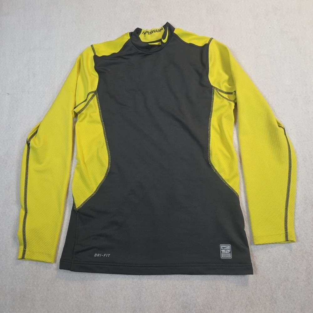 Nike Pro Combat Hyperwarm Shirt Mens M Gray Yellow Fitted long sleeve Dri Fit