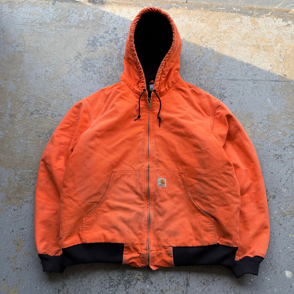Vintage Carhartt J140BLZ Orange Hooded Work Jacket Made in USA Size XL