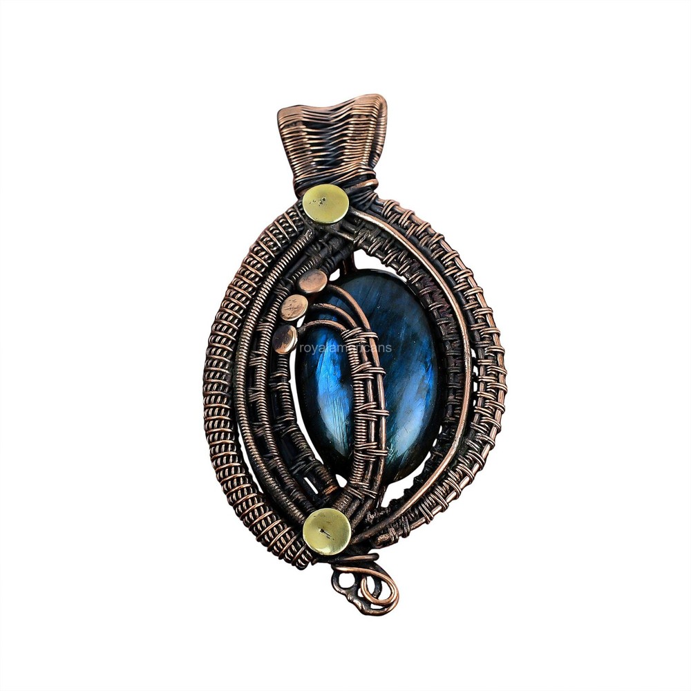 Mothers day Sale Oval Natural Labradorite Copper Wire Wrapped Pendant Jewelry