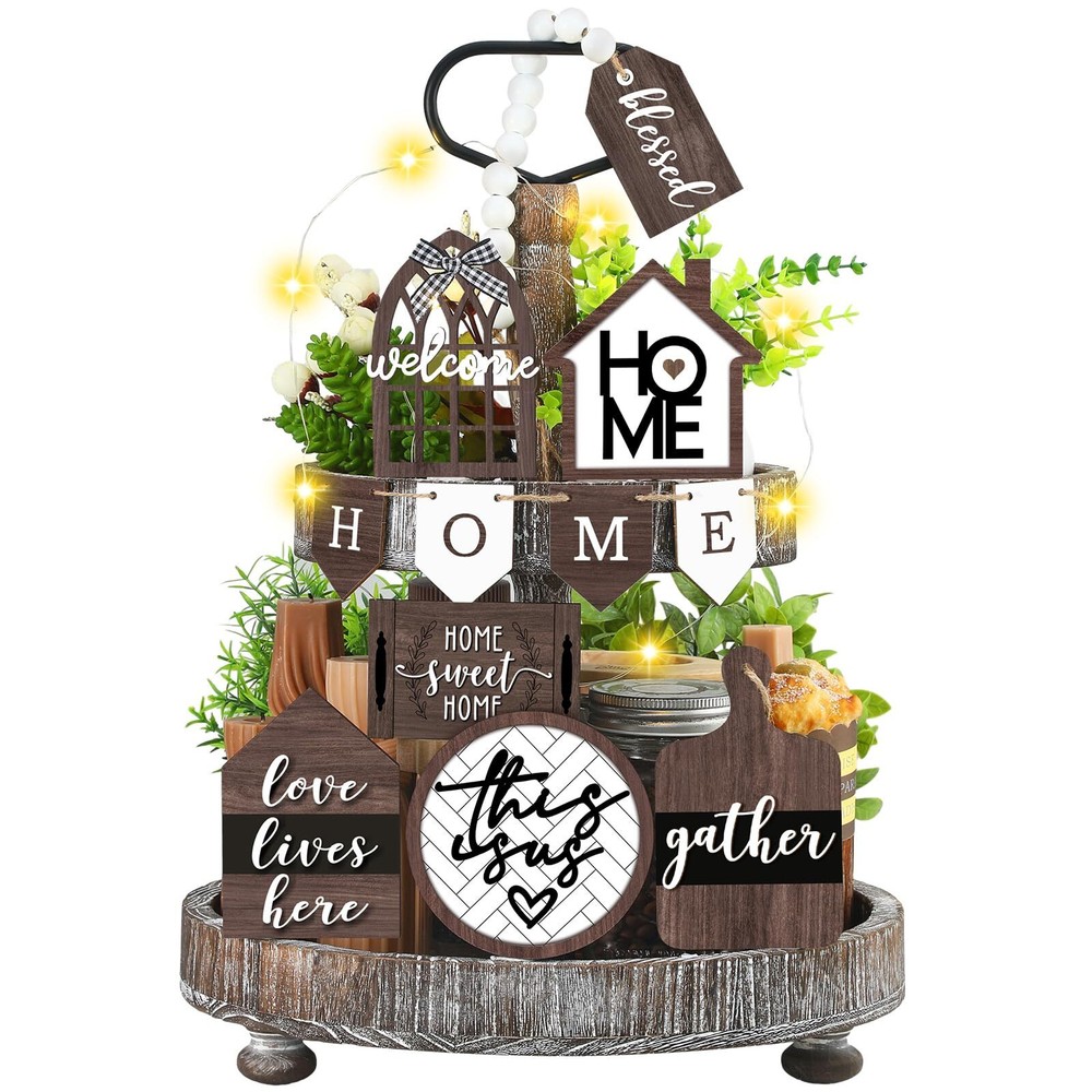 Brown White Farmhouse Tiered Tray Decor Kitchen Rustic 11-Piece Set