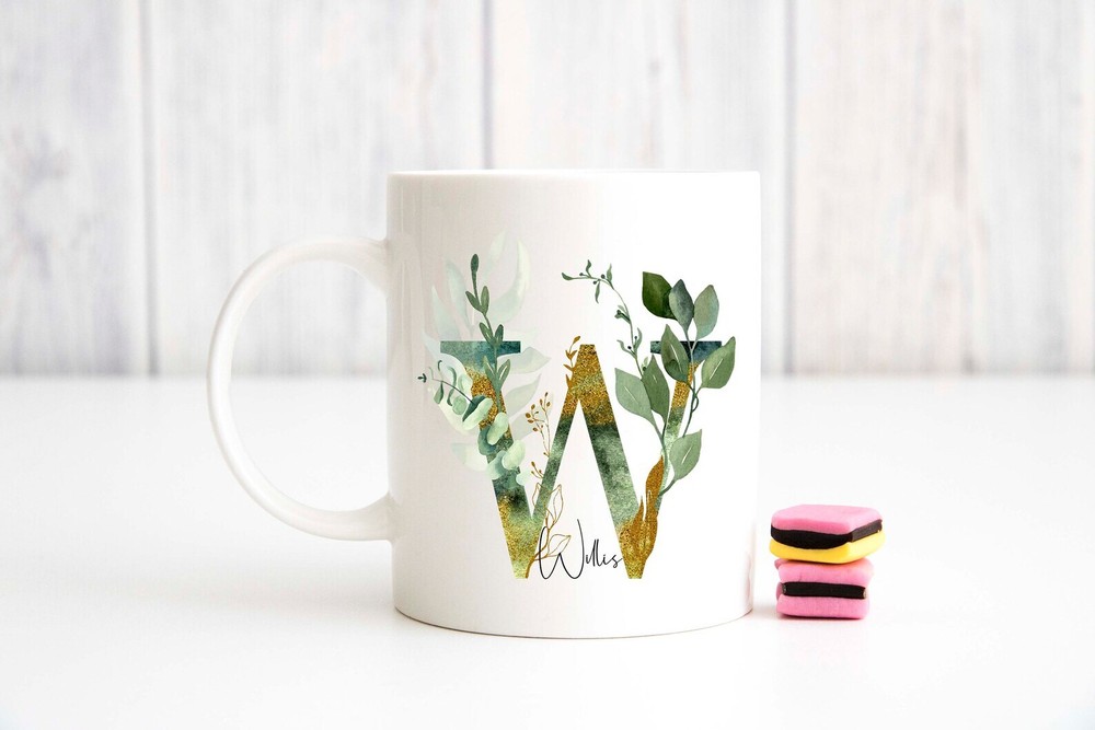 Personalized Name Initial Letter Monogram Floral Alphabet Mug W Gold Initial