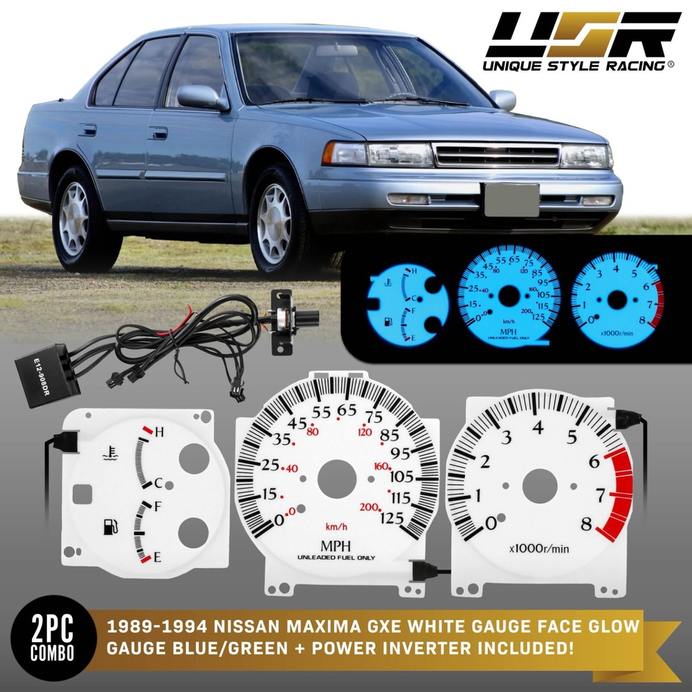 Blue/Green Glow Gauge White Overlay for 89-94 Nissan Maxima 125MPH Speedometer Cluster