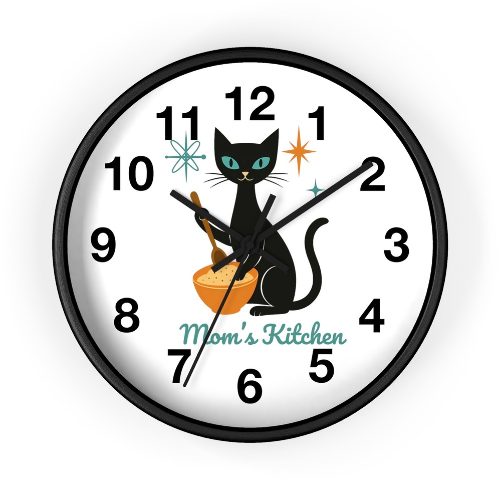 Personalized Atomic Cat Wall Clock, Retro Cat Kitchen Decor, Chef Cat Clock