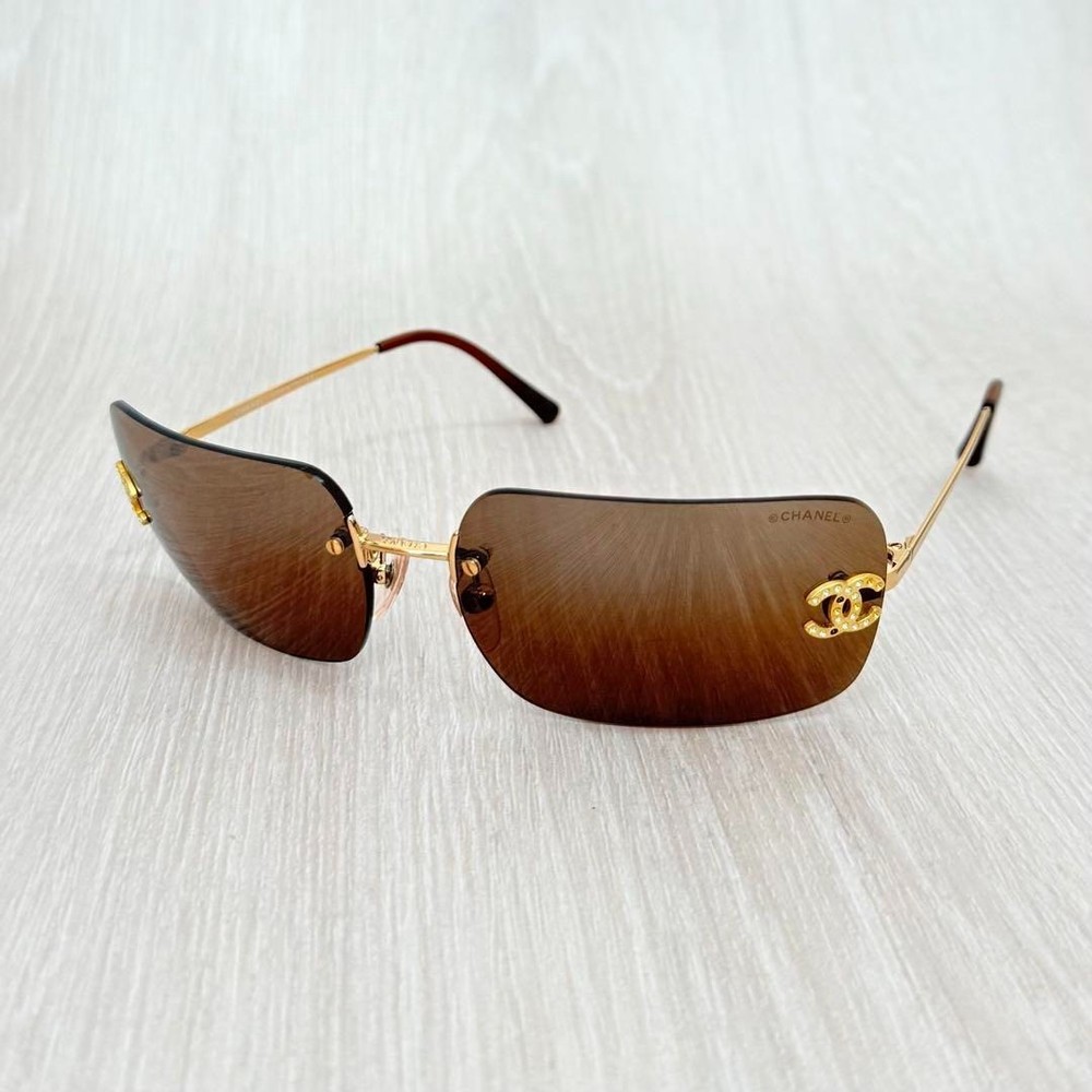 CHANEL 4017-D Rimless Gold Frame Sunglasses with Coco Mark Rhinestone Logo