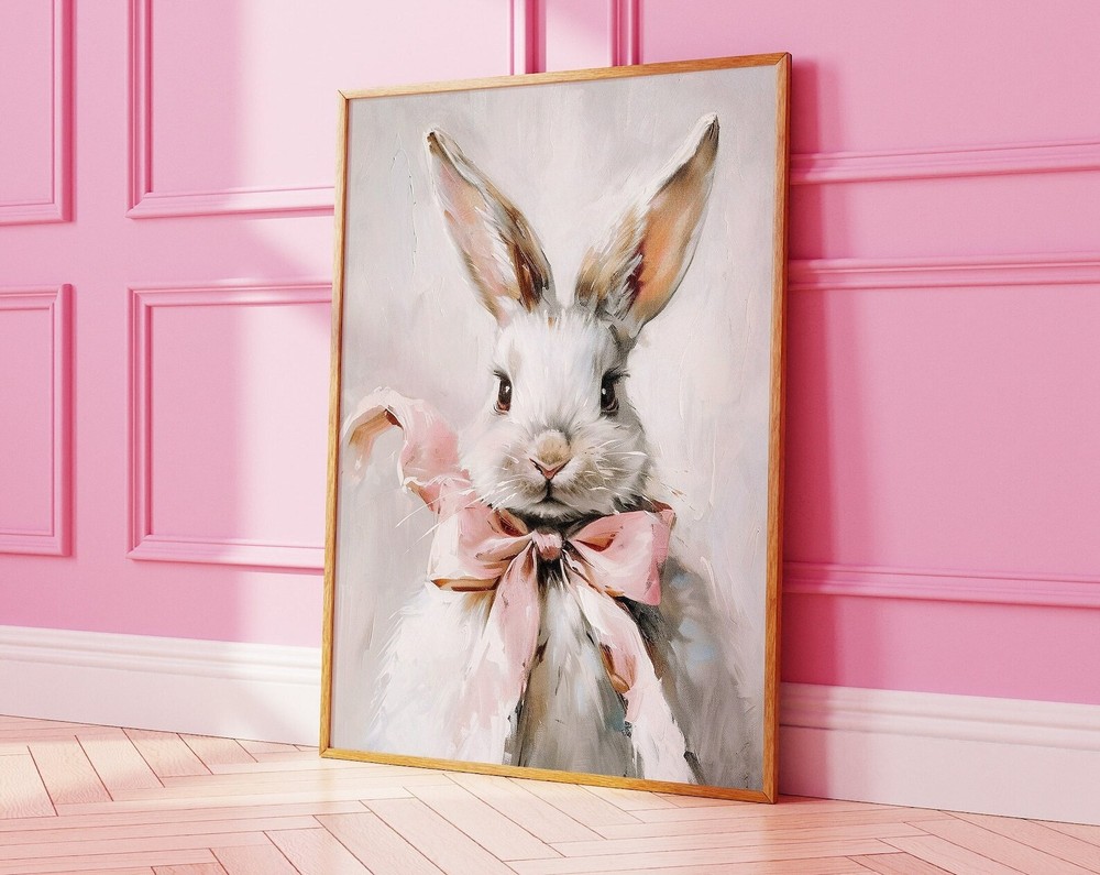 Easter Bunny Rabbit With Pink Bow Nursery Decor Grandmillenial Prints Grandma