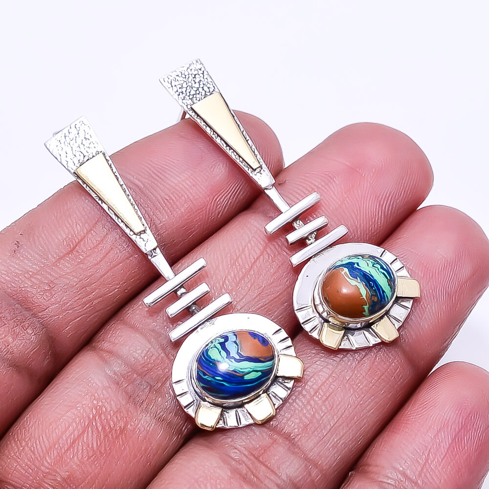 Blue Rainbow Calsilica 925 Silver Two Tone Earring 1.95