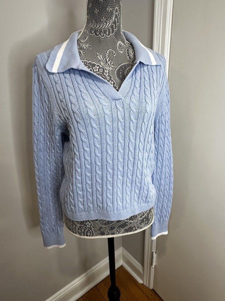 Nicole Miller Powder Blue Cable Knit V-Neck Collared Sweater Size Large