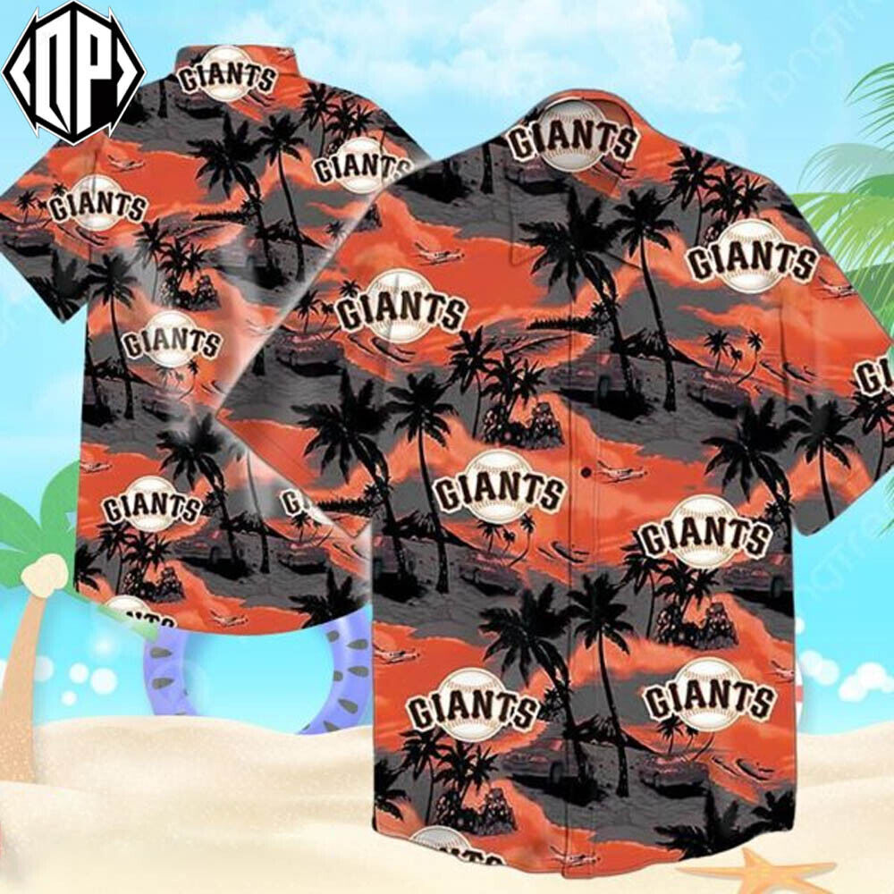 SF Giants Tropical Hawaiian Button-Up Shirt with Short Sleeves and Palm Leaves