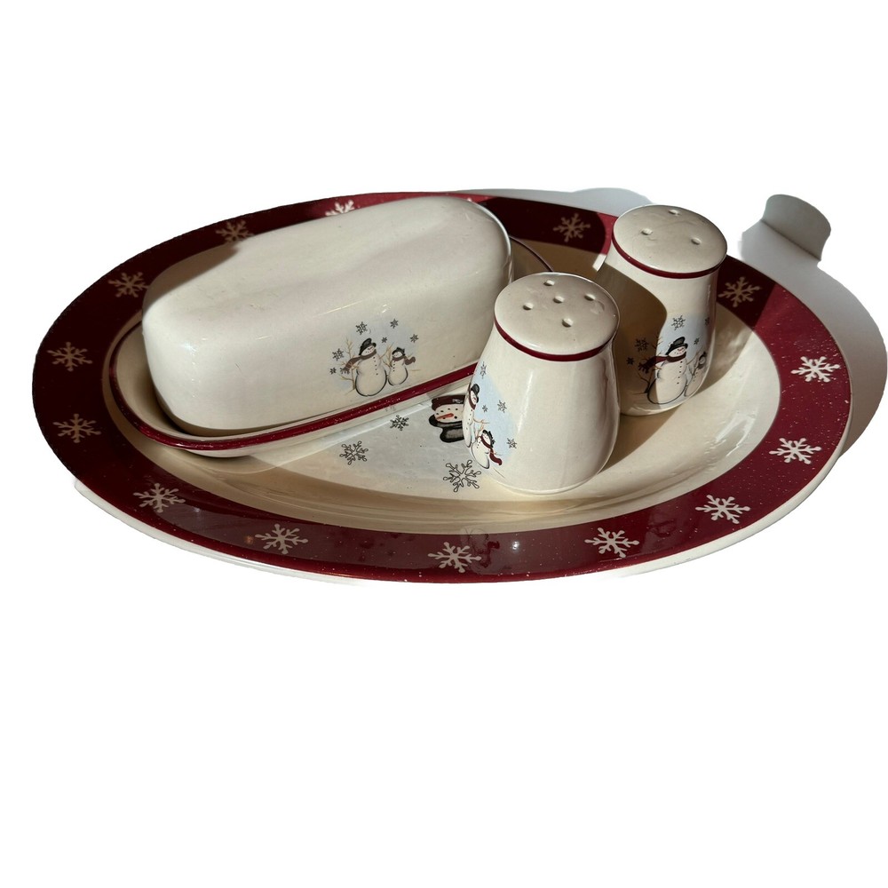 VTG 4 Piece Set Royal Seasons Snowmen Snowflakes Butter,  Platter, Salt& Pepper