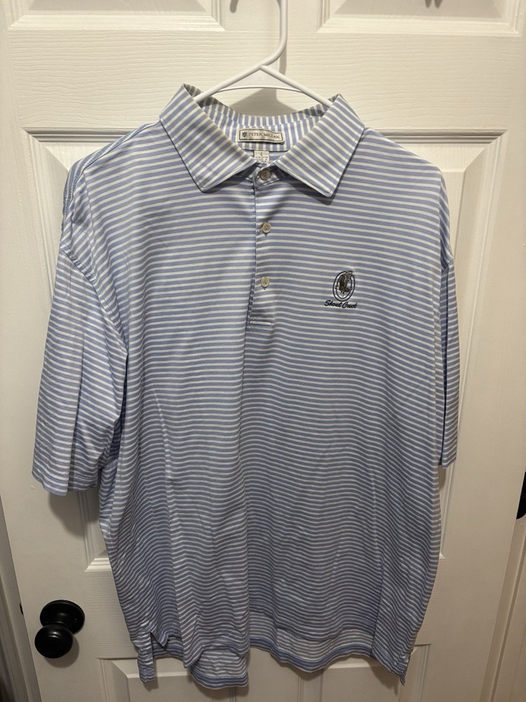 Peter Millar Men's Shirt Size Large Button Polo Blue White Stripe Short Sleeve