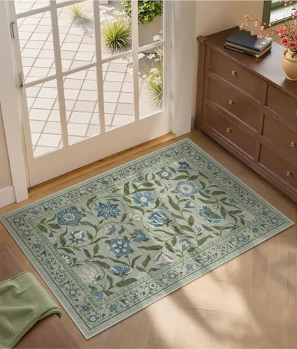 Green 2x3 Washable Floral Entryway Rug Soft Modern Kitchen Mat Spring Design  