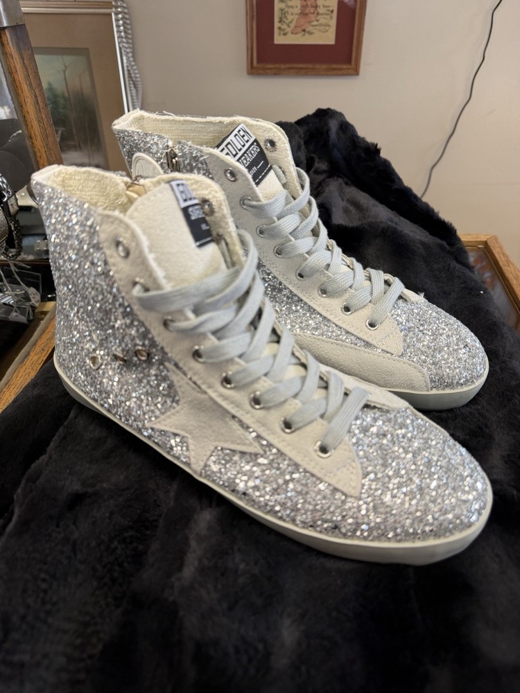 Golden Goose Superstar Silver Glitter High Top Sneakers Size 42