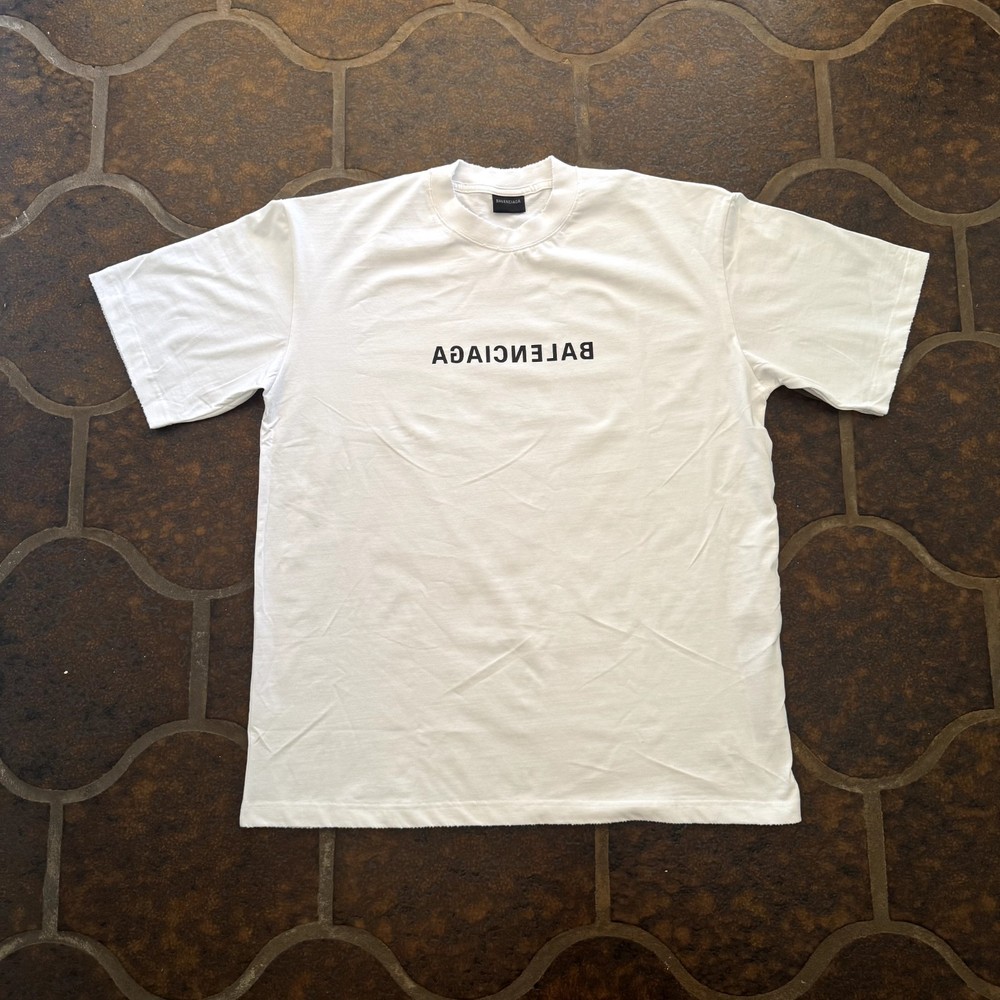 BALENCIAGA Distressed Shirt Reverse Logo Print White Men's T-Shirts - Size LARGE