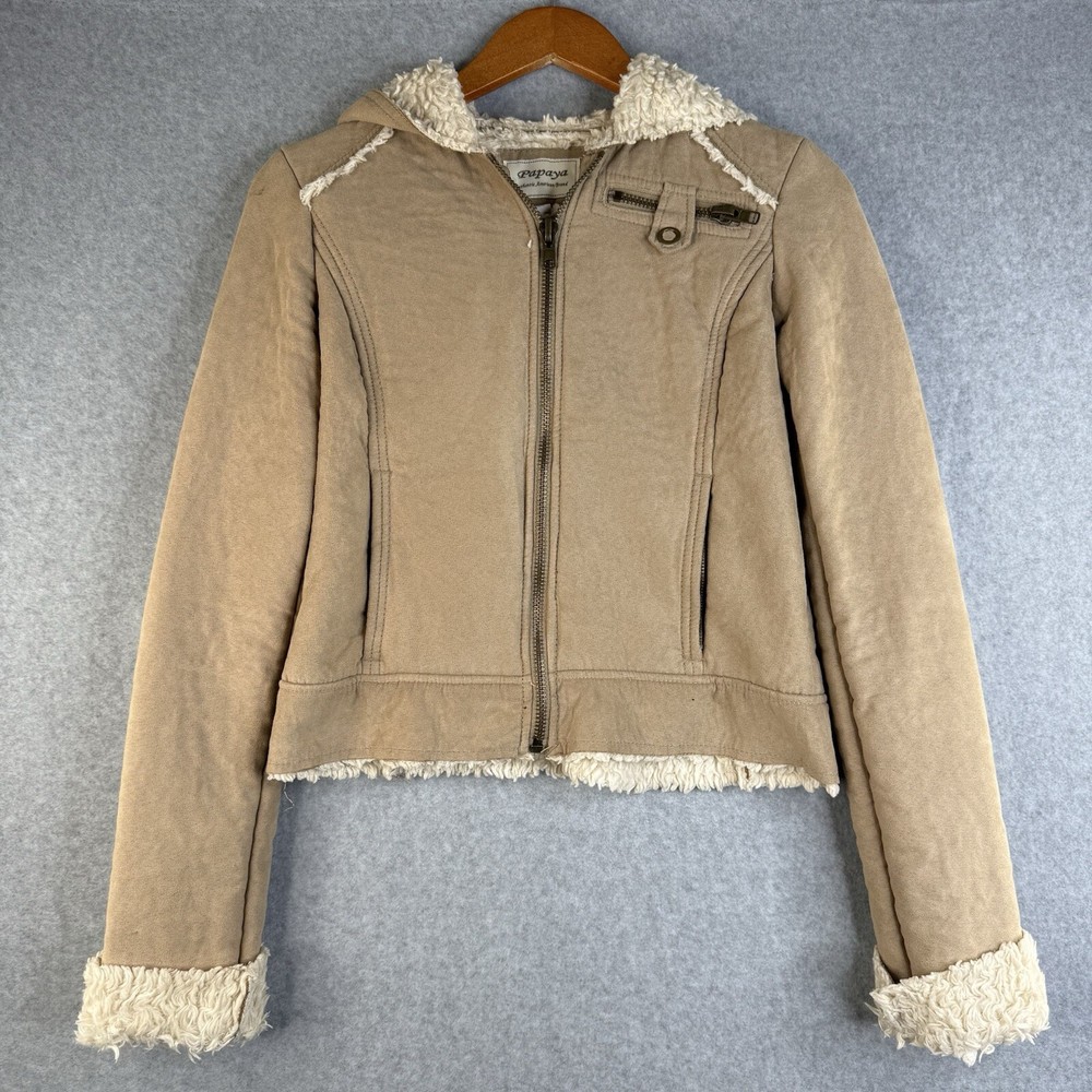 Y2K Papaya Sherpa Shearling Faux Fur Lining Zip Up Tan Jacket Size M