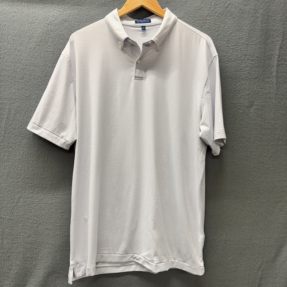 Peter Millar Polo Shirt Mens XL White Blue Pink Stripe Golf Crown Crafted