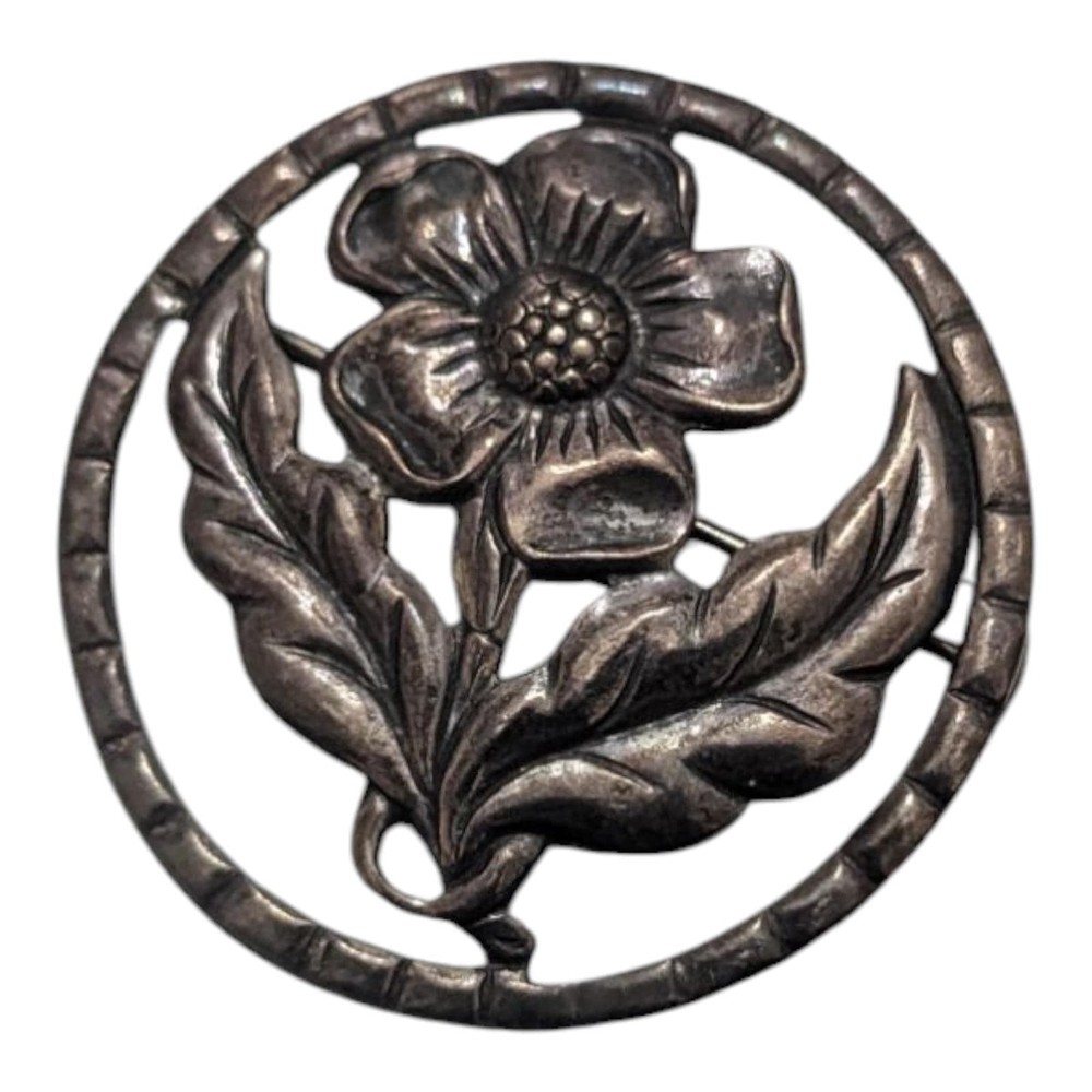 Vintage Sterling Silver Floral Leaves Round Brooch Pin