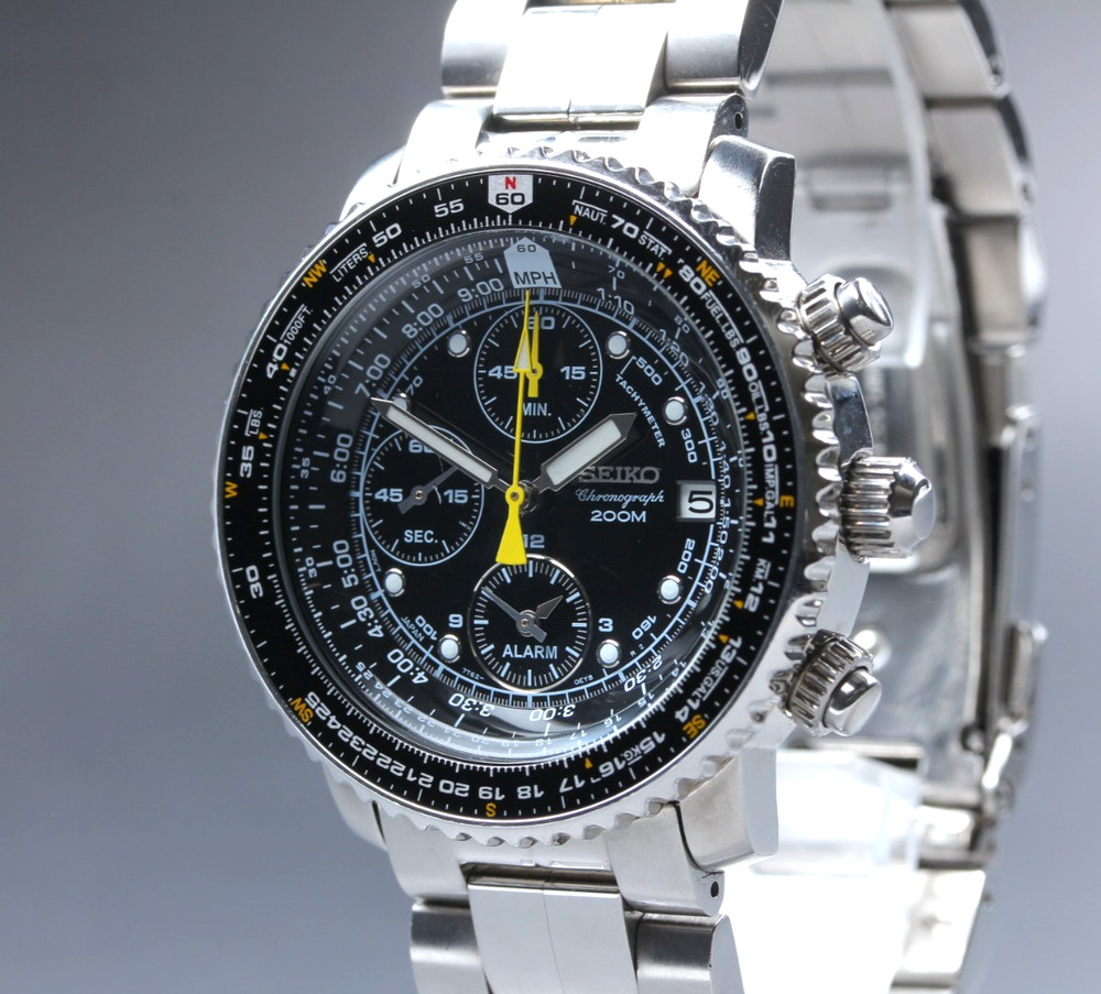 [N MINT] Seiko Flightmaster SNA411P1 7T62-0EB0 Chronograph Qz Black Men's Watch
