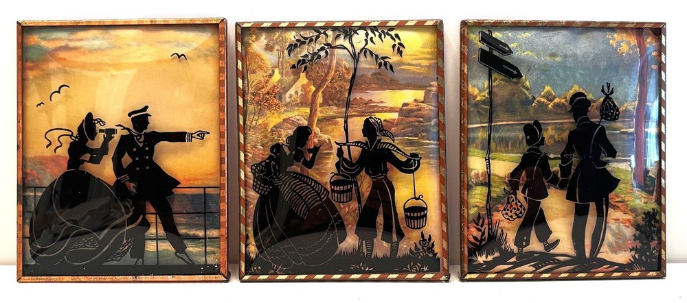 LOT (3) 1930’s Reverse Painted Silhouettes on Convex Glass Victorian Figures