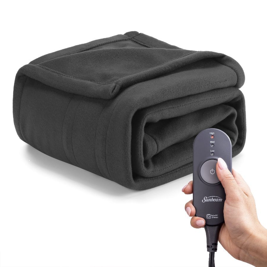 Grey Flannel Fleece Electric Heated Throw, 3 Heat Settings, Fast Heating