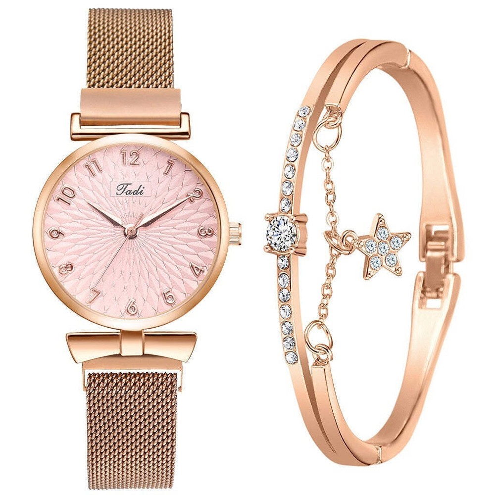 Ladies Quartz Watch Set with Magnetic Mesh Band and Alloy Case