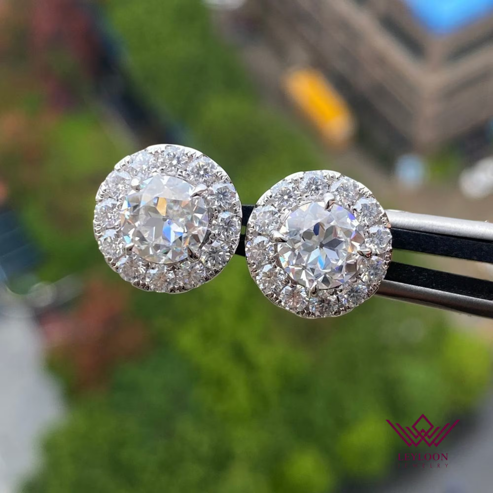 Round Halo D Color Moissanite Silver Stud Earrings